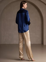 [أزرق غامق] SilkSilky-SA Long Sleeve Lapel Collar بلايز نسائية 002