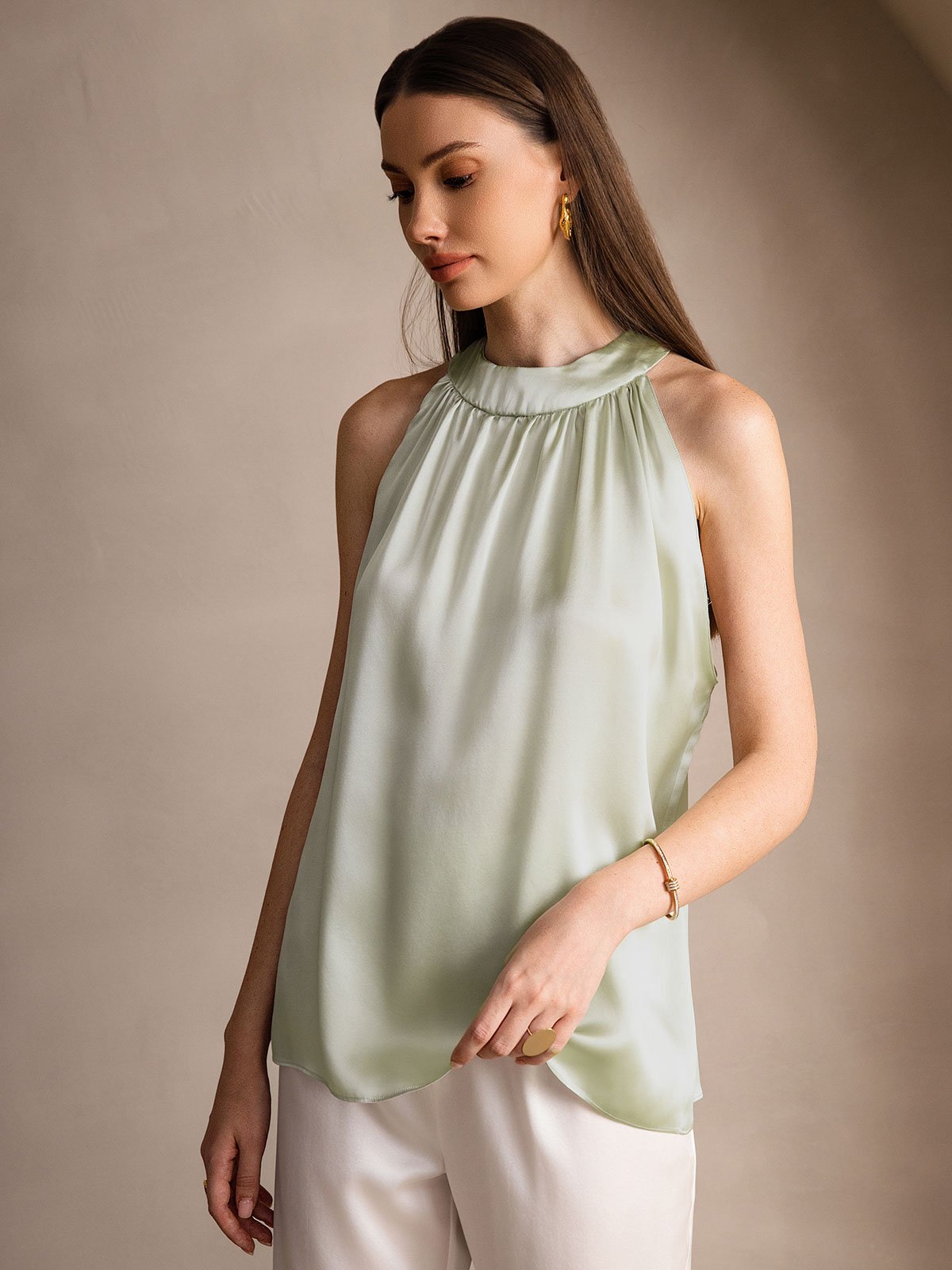 [اخضر فاتح] SilkSilky-SA 19Momme الحرير Womens T-Shirt 004