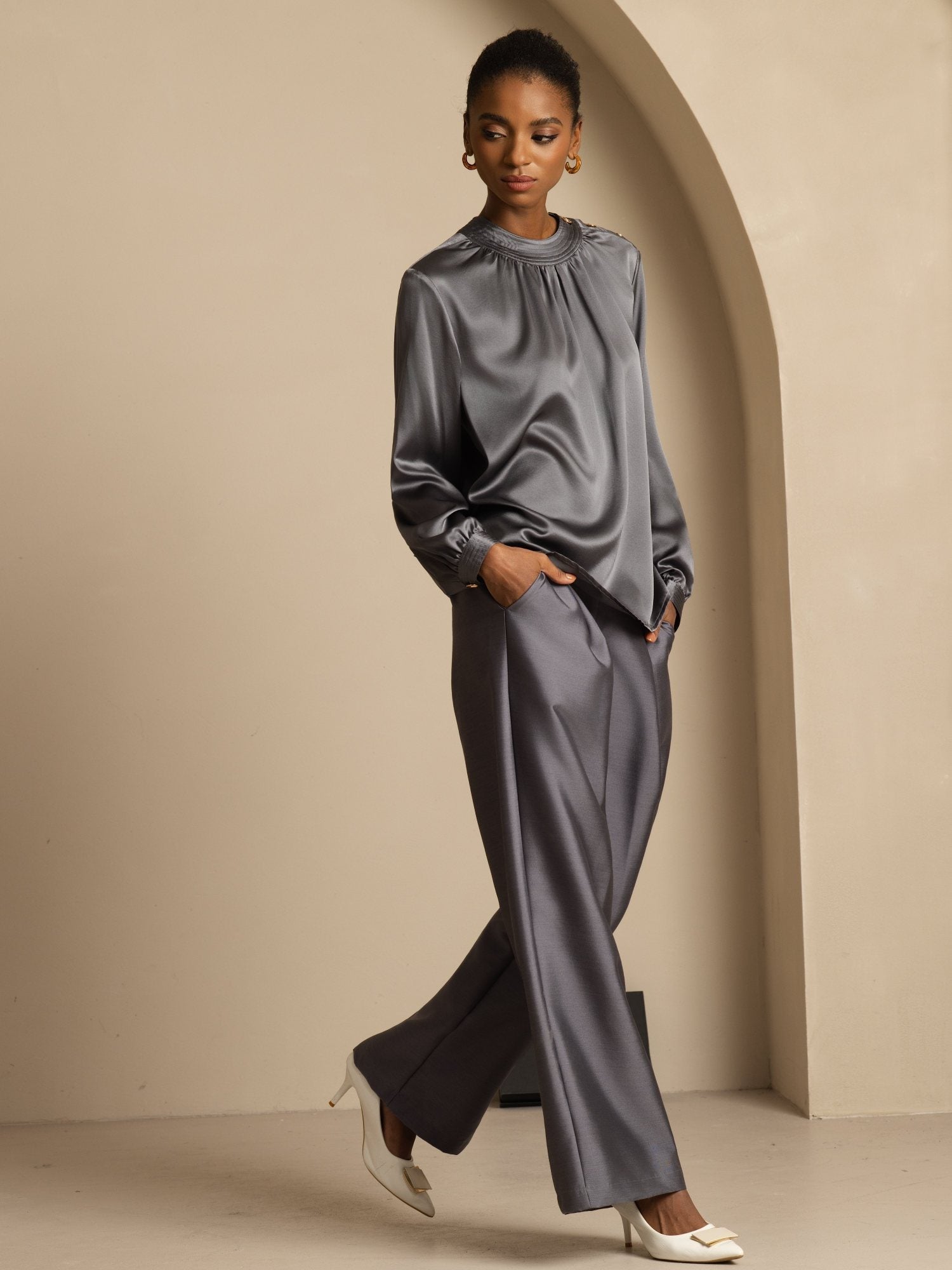 [الرماديالداكن] SilkSilky-SA 19Momme الحرير الأكمام الطويلة رقبة مستديرة بلوزة 007