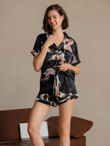 [أسود] SilkSilky-SA Short Sleeve Lapel Collar طقم بيجامة نسائي 003