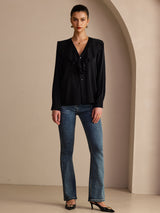 [أسود] SilkSilky-SA Long Sleeve Deep V Neck بلوزات نسائية 006
