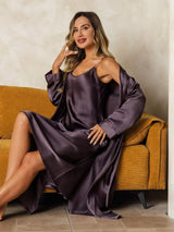 [رمادي أرجواني] SilkSilky-SA Long Sleeve V Neck رداء الحمام وقميص النوم 006