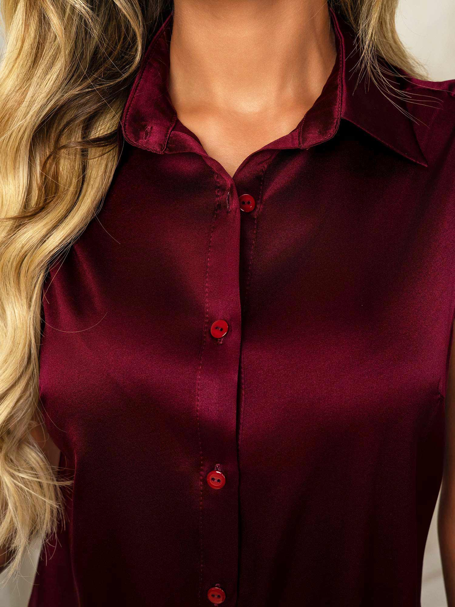 [احمر غامق] SilkSilky-SA 19Momme الحرير Lapel Collar بلايز نسائية 007