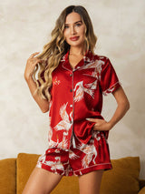 [احمر غامق] SilkSilky-SA Short Sleeve Lapel Collar طقم بيجامة نسائي 003