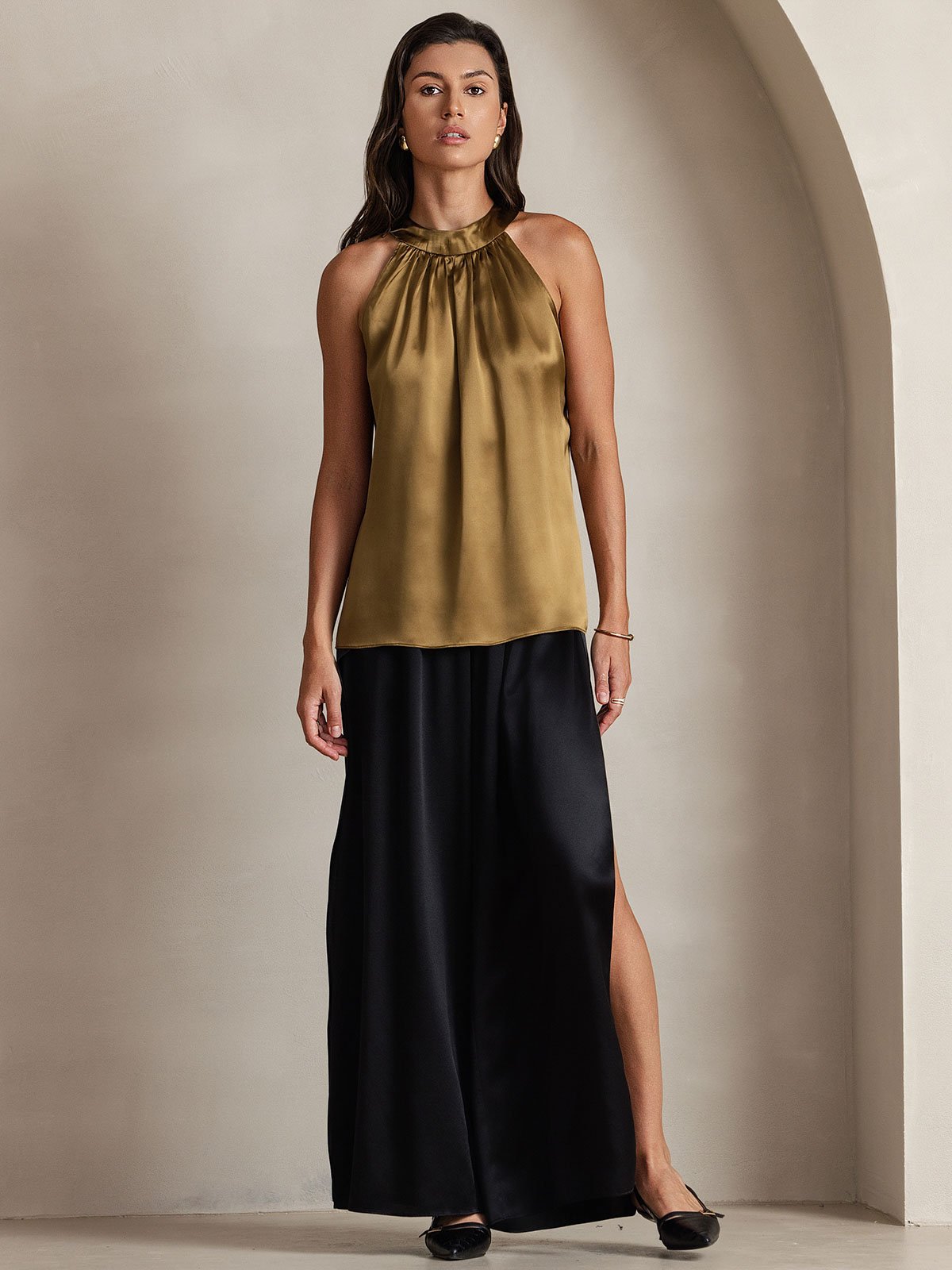 [بني] SilkSilky-SA 19Momme الحرير Womens T-Shirt 003