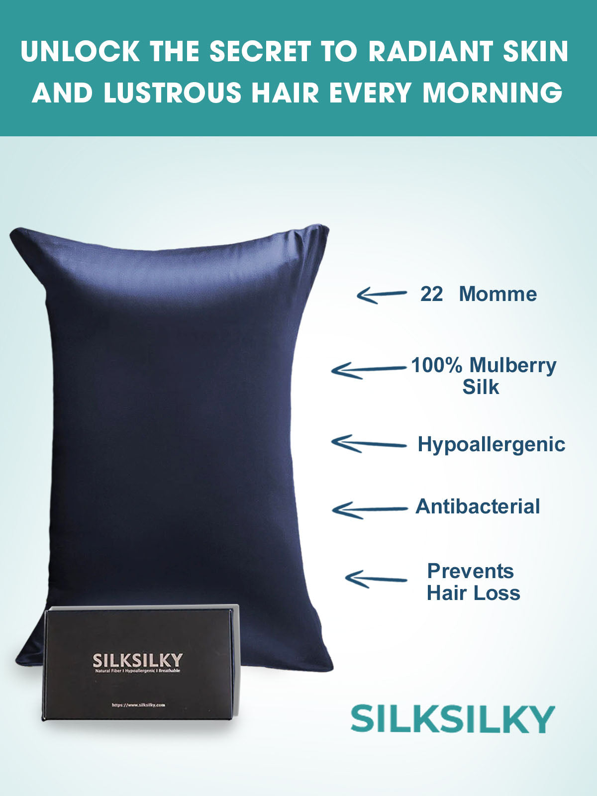 SilkSilky SA 22Momme الحرير الخالص Pillowcase أزرقغامق 003