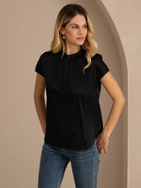 [أسود] SilkSilky-SA Short Sleeve Split بلوزات نسائية 001