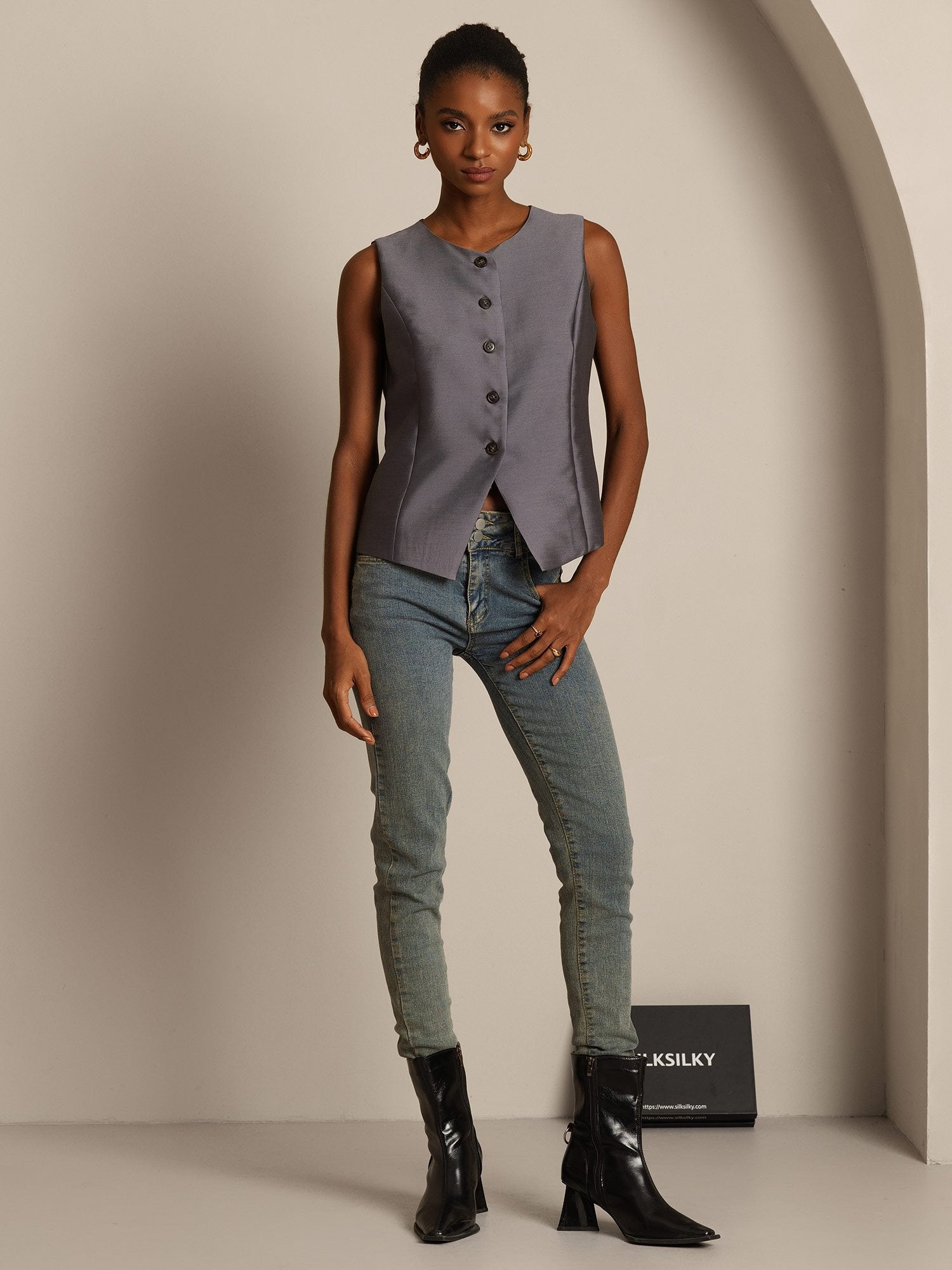 [رمادي] SilkSilky-SA 32Momme الحرير Womens Vest 008,