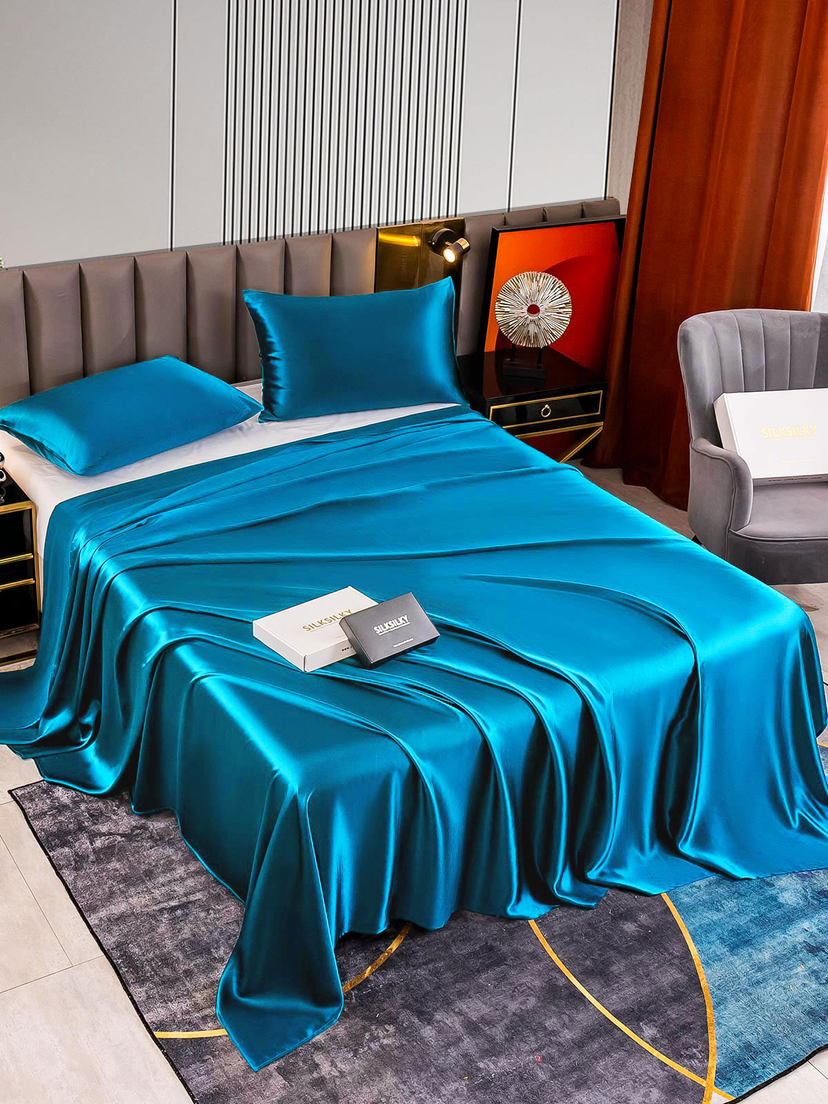 SilkSilky SA 22Momme الحرير الخالص Bedding Set المياهالخضراء 002