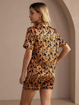 [نمر أسود] SilkSilky-SA Short Sleeve Lapel Collar طقم بيجامة نسائي 002