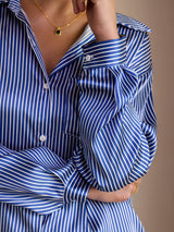 [مقلم دقيق أزرق] SilkSilky-SA Long Sleeve Lapel Collar بلايز نسائية 006
