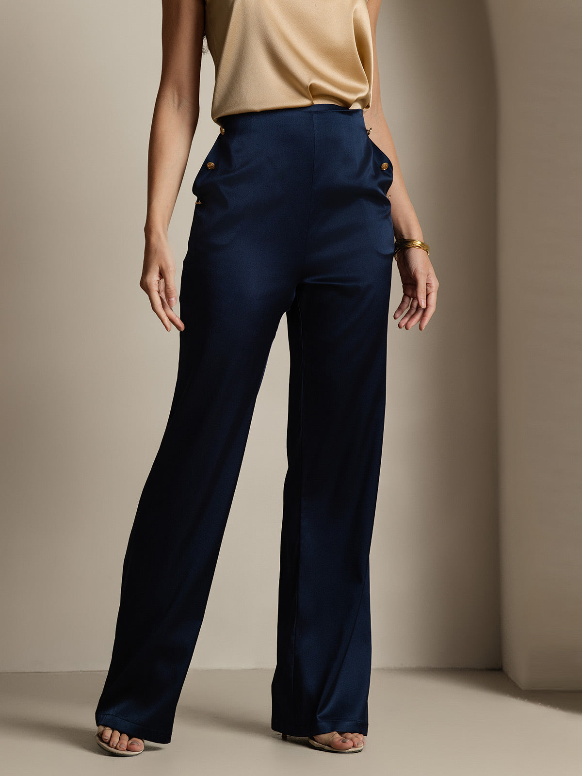 SilkSilky-SA 19Momme الحرير Womens Pants أزرقغامق 005