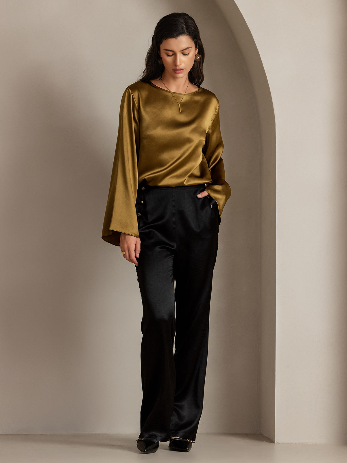 [أسود] SilkSilky-SA 19Momme الحرير Womens Pants 007