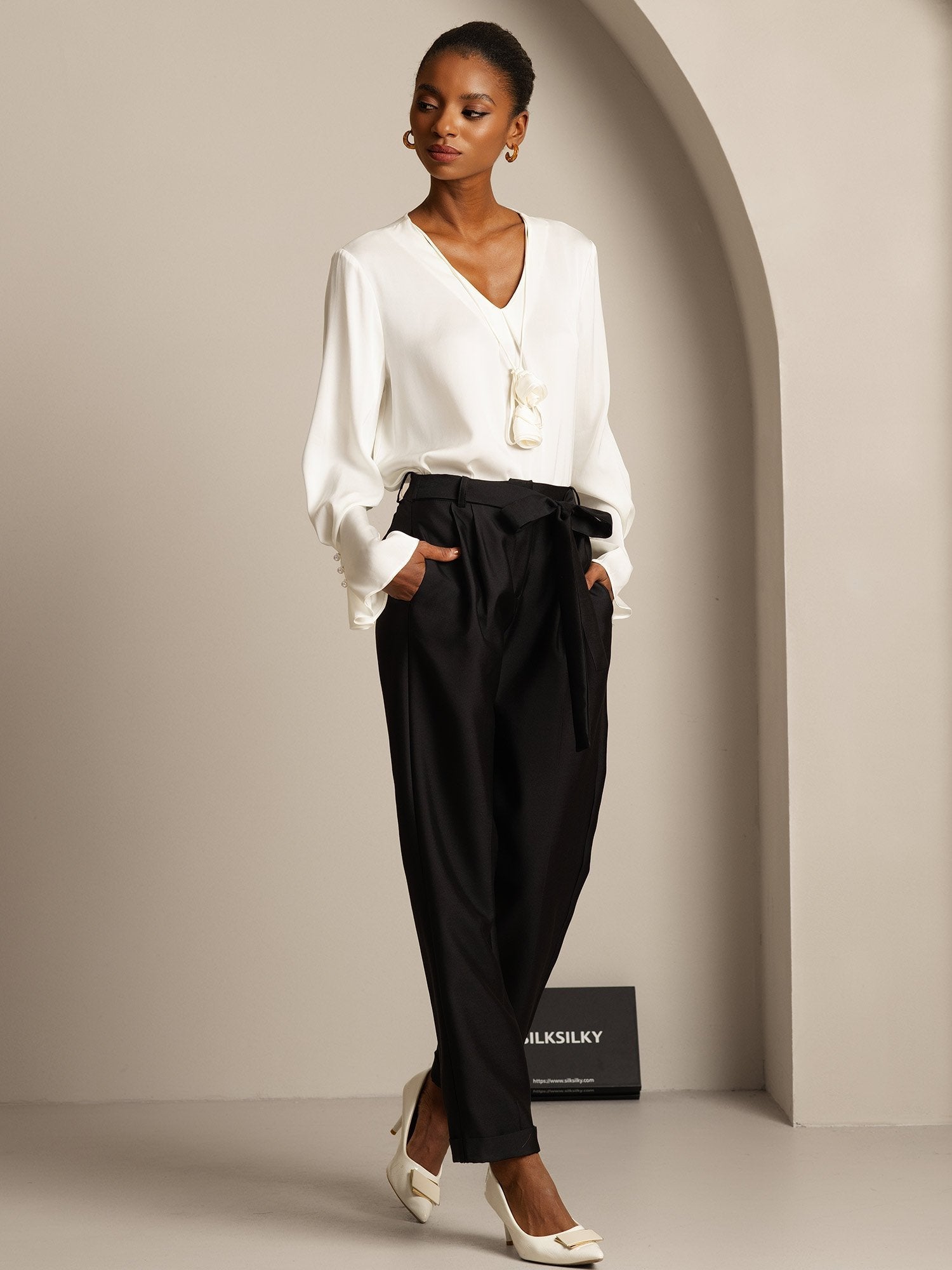 [أسود] SilkSilky-SA 32Momme الحرير Womens Pants 005,