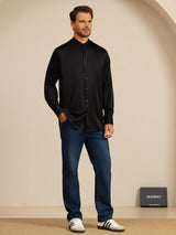 [أسود] SilkSilky-SA Long Sleeve Stand Collar قميص رجالي 008