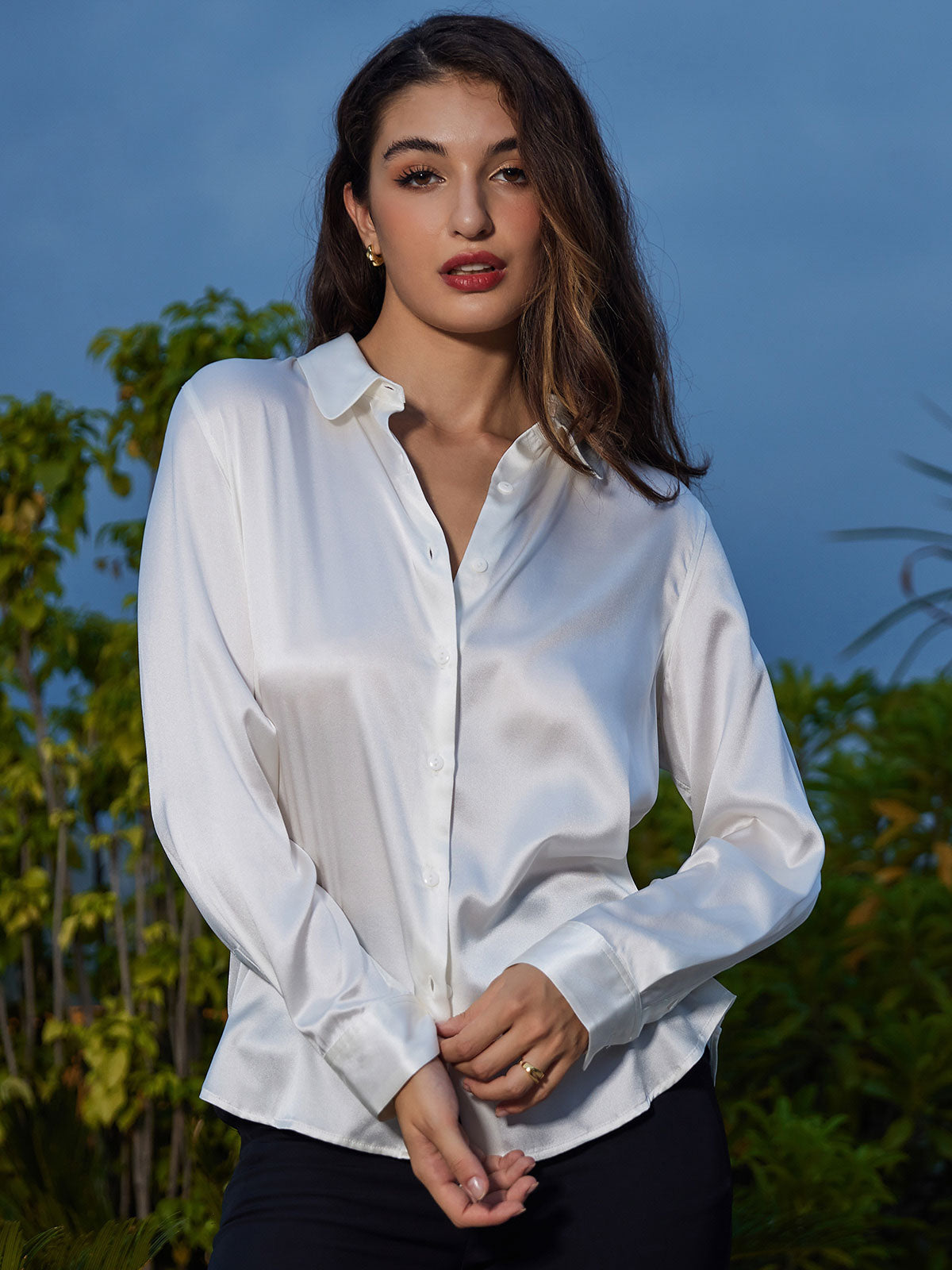 [أبيض] SilkSilky-SA الحرير Lapel Collar بلايز نسائية 004