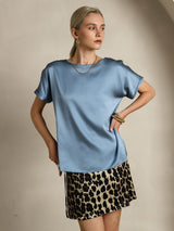 [أزرق رمادي] SilkSilky-SA Short Sleeve Boat Neck تي شيرت نسائية 004