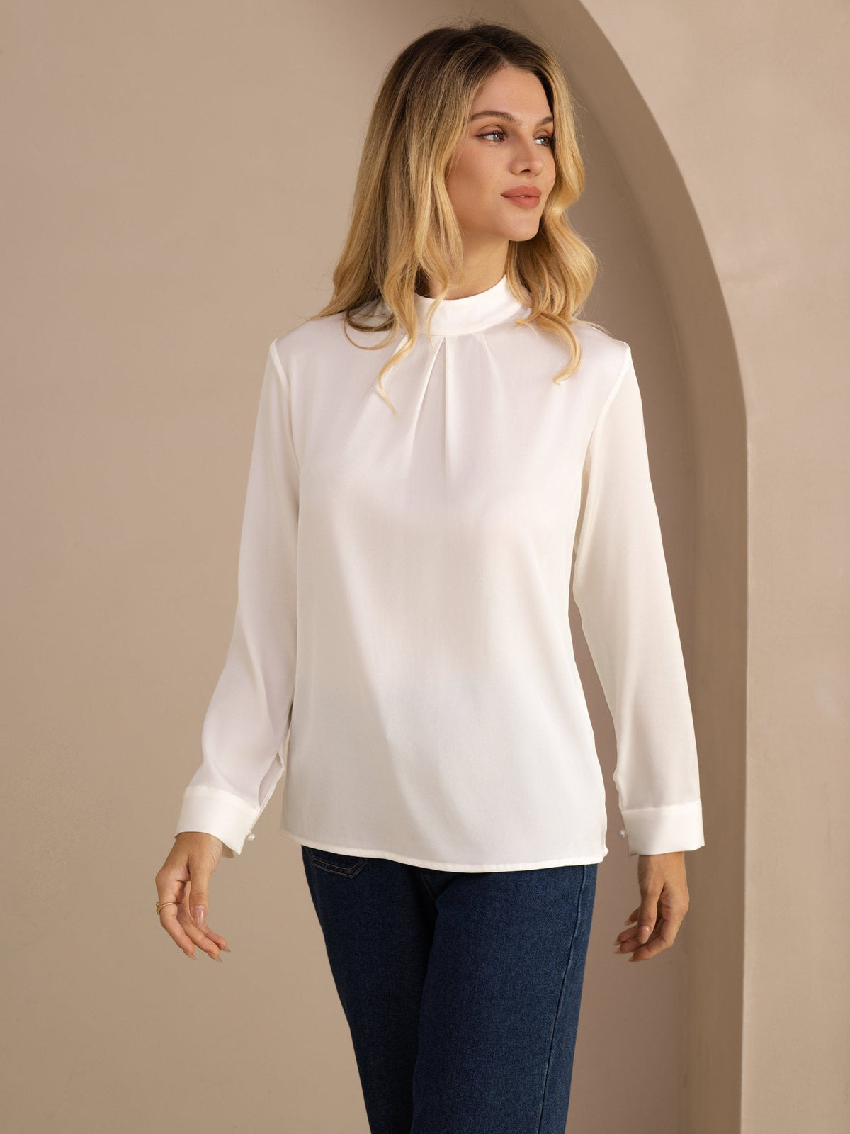 [أبيض] SilkSilky-SA Long Sleeve Stand Collar بلوزات نسائية 001