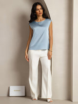 [أزرق رمادي] SilkSilky-SA Cap Sleeve Round Neck تي شيرت نسائية 003