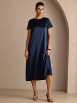 [أزرق غامق] SilkSilky-SA Short Sleeve Round Neck فساتين نسائية 003