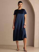 [أزرق غامق] SilkSilky-SA Short Sleeve Crew Neck فساتين نسائية 003