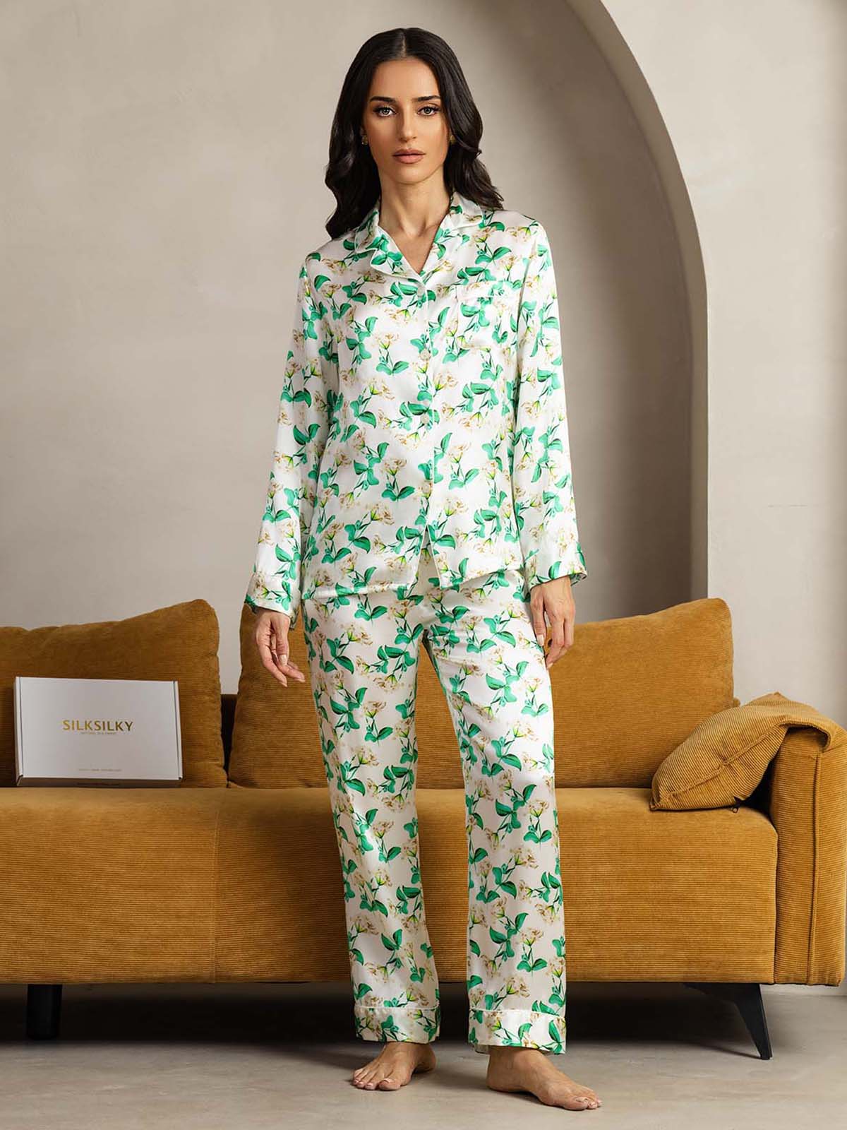 [زهري أخضر] SilkSilky-SA الحرير الخالص Womens Pajamas 006