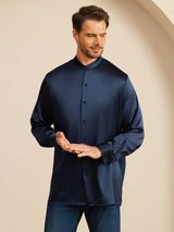 [أزرق غامق] SilkSilky-SA Long Sleeve Stand Collar قميص رجالي 005
