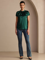 [أخضر غامق] SilkSilky-SA Short Sleeve Split بلوزات نسائية 005