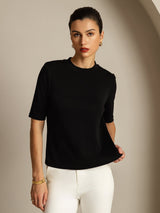 [أسود] SilkSilky-SA Half Sleeve Crew Neck تي شيرت نسائية 007