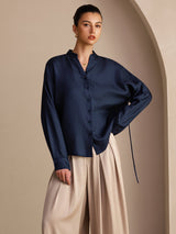 [أزرق غامق] SilkSilky-SA Long Sleeve Split بلوزات نسائية 003