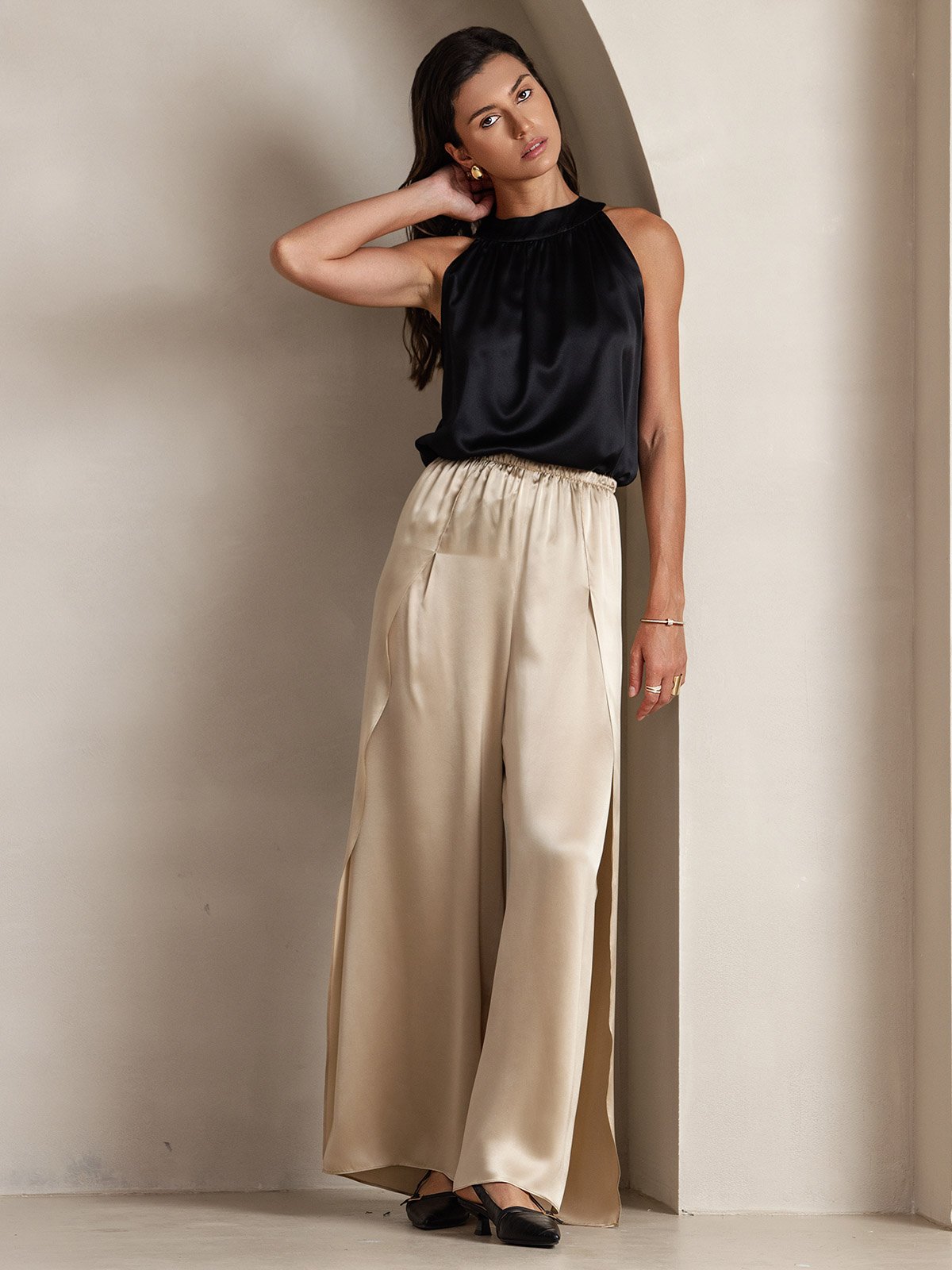 [أسود] SilkSilky-SA 19Momme الحرير Womens T-Shirt 005