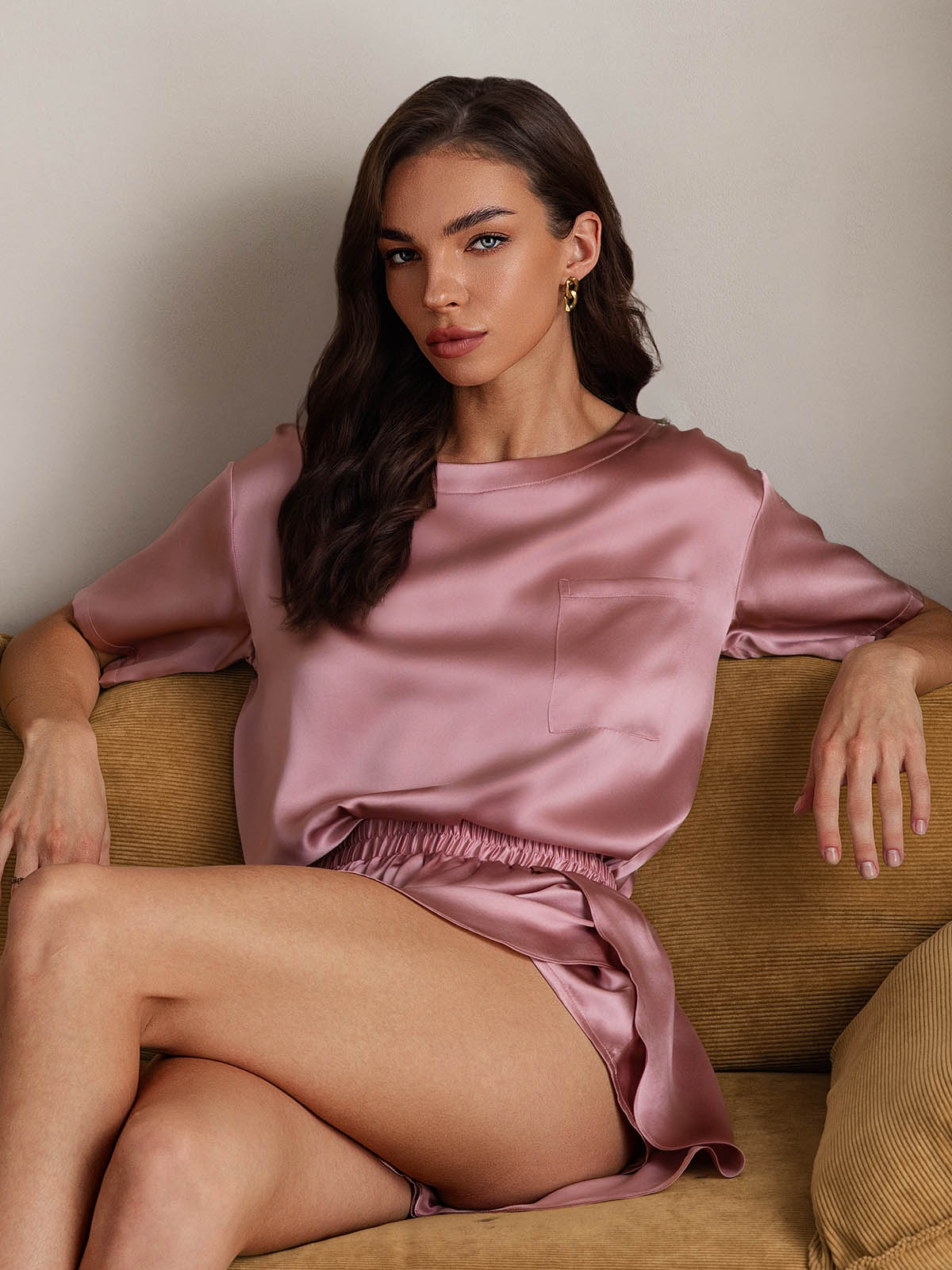 [الوردي الأرجواني] SilkSilky-SA الحرير الخالص رقبة مستديرة طقم بيجامة نسائي 006