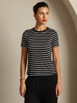 [شريط أسود] SilkSilky-SA Short Sleeve Crew Neck تي شيرت نسائية 003