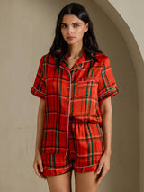 [مربعات حمراء] SilkSilky-SA Short Sleeve Notch Collar طقم بيجامة نسائي 003