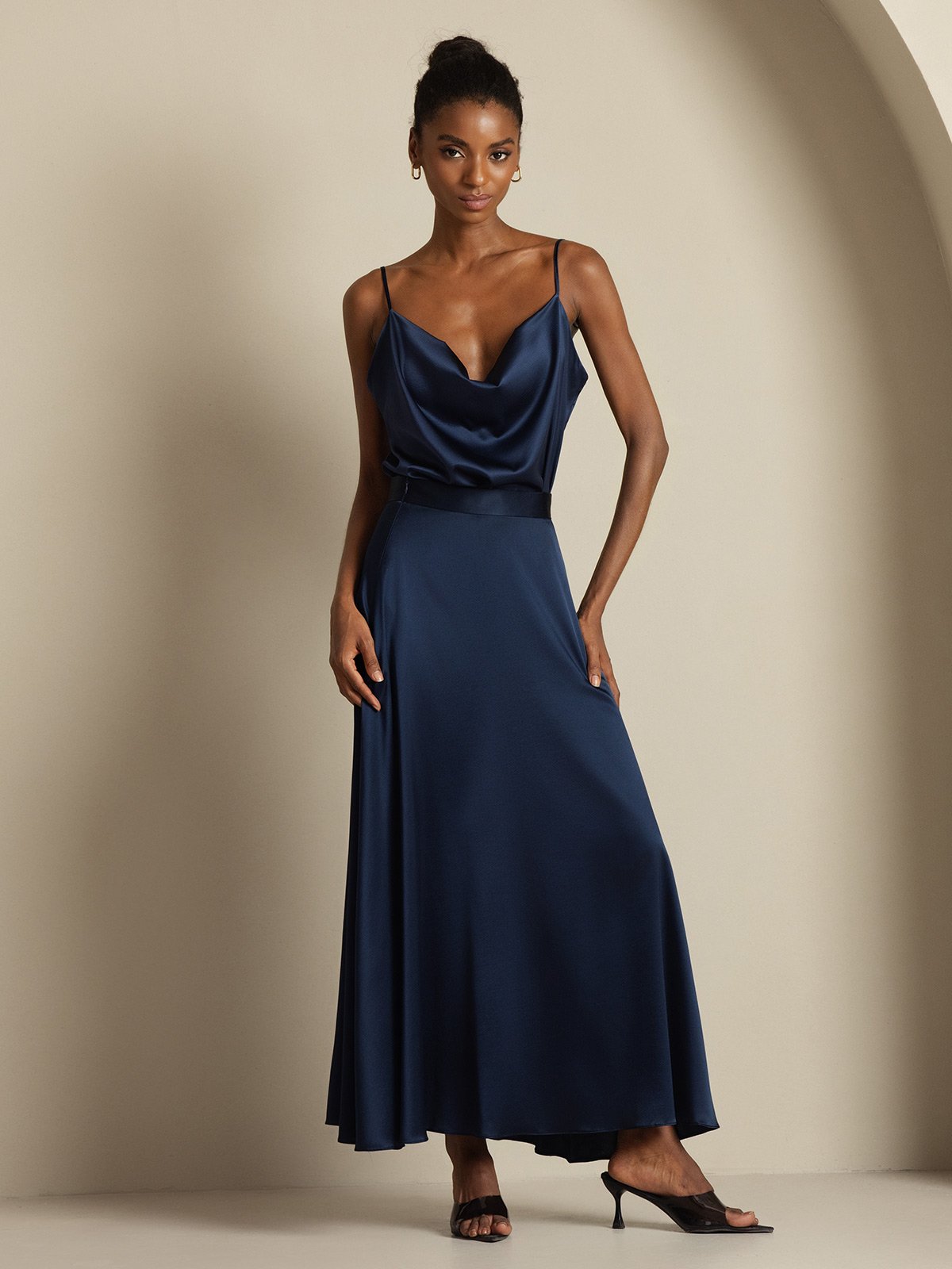 [أزرق غامق] SilkSilky-SA 19Momme الحرير فتحة عنق بثنيات ملفوفة Women''s Outfit Sets 003,