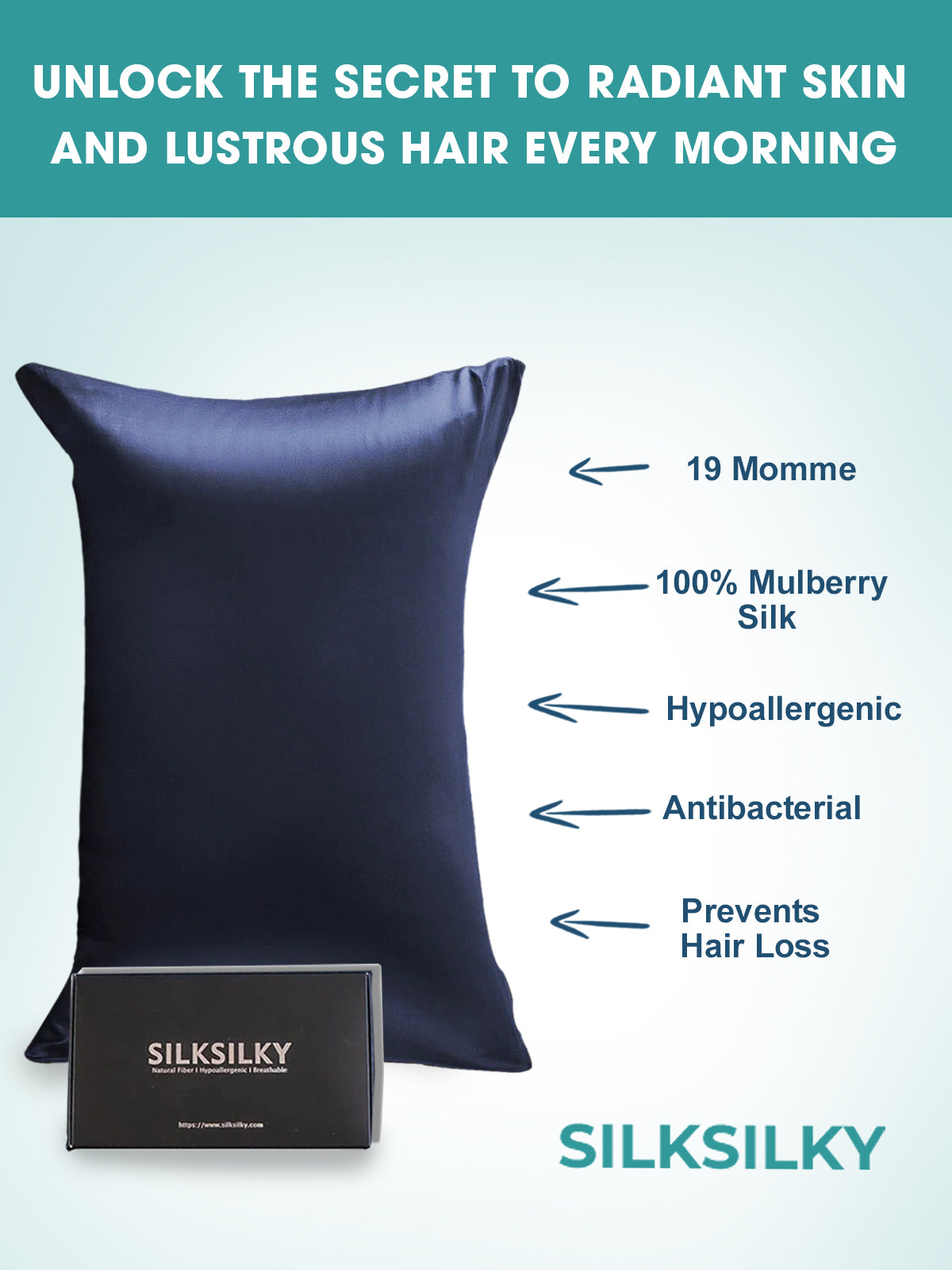 SilkSilky-SA 19Momme الحرير الخالص Pillowcase أزرقغامق 003