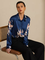 [أزرق غامق] SilkSilky-SA Long Sleeve Lapel Collar بلايز نسائية 003