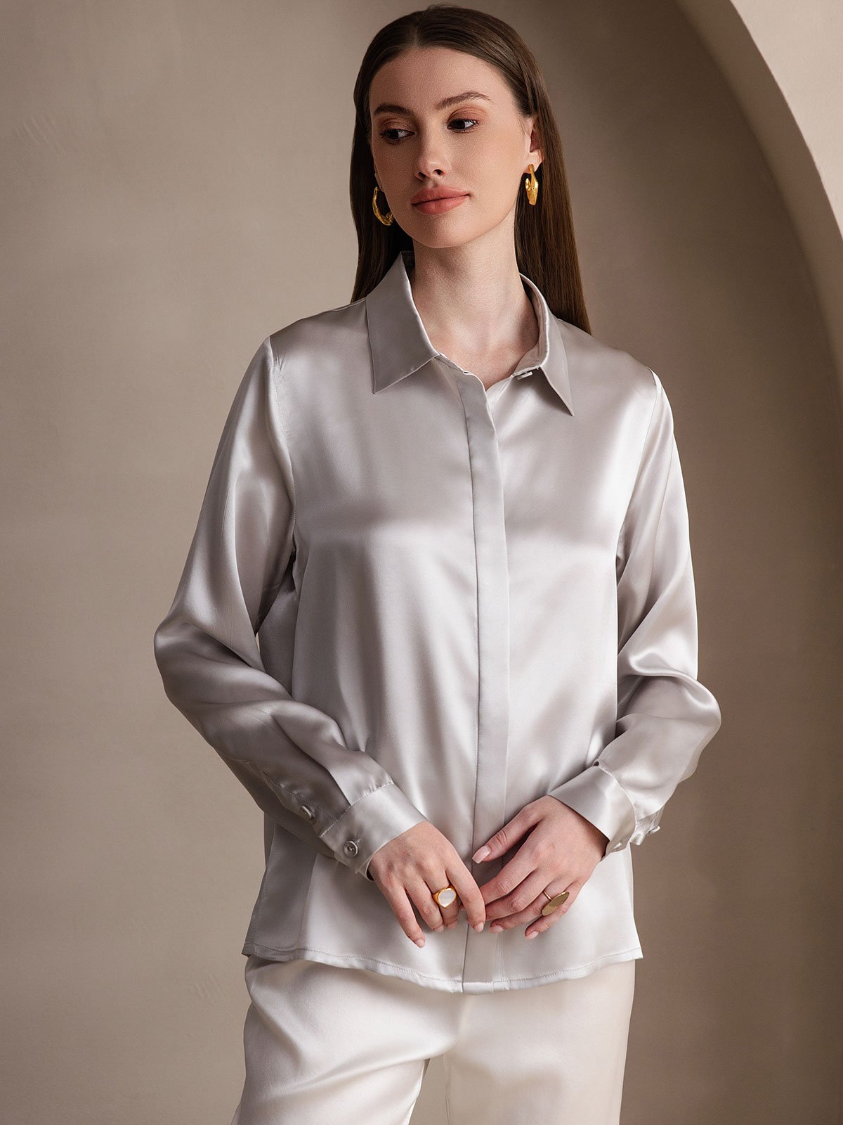 [رمادي فاتح] SilkSilky-SA 19Momme الحرير Lapel Collar بلايز نسائية 004