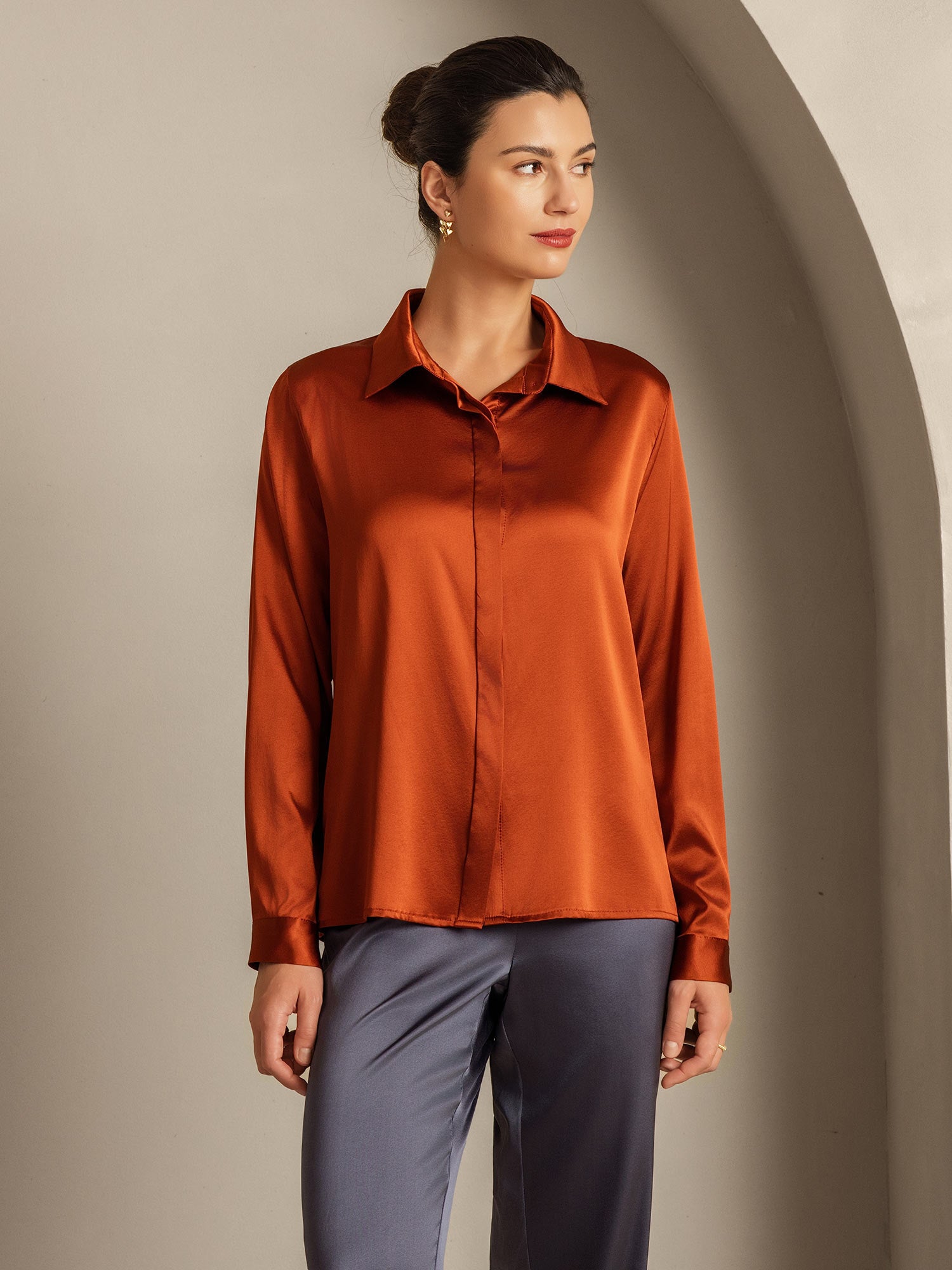 [الكراميل] SilkSilky-SA 19Momme الحرير Lapel Collar بلايز نسائية 005