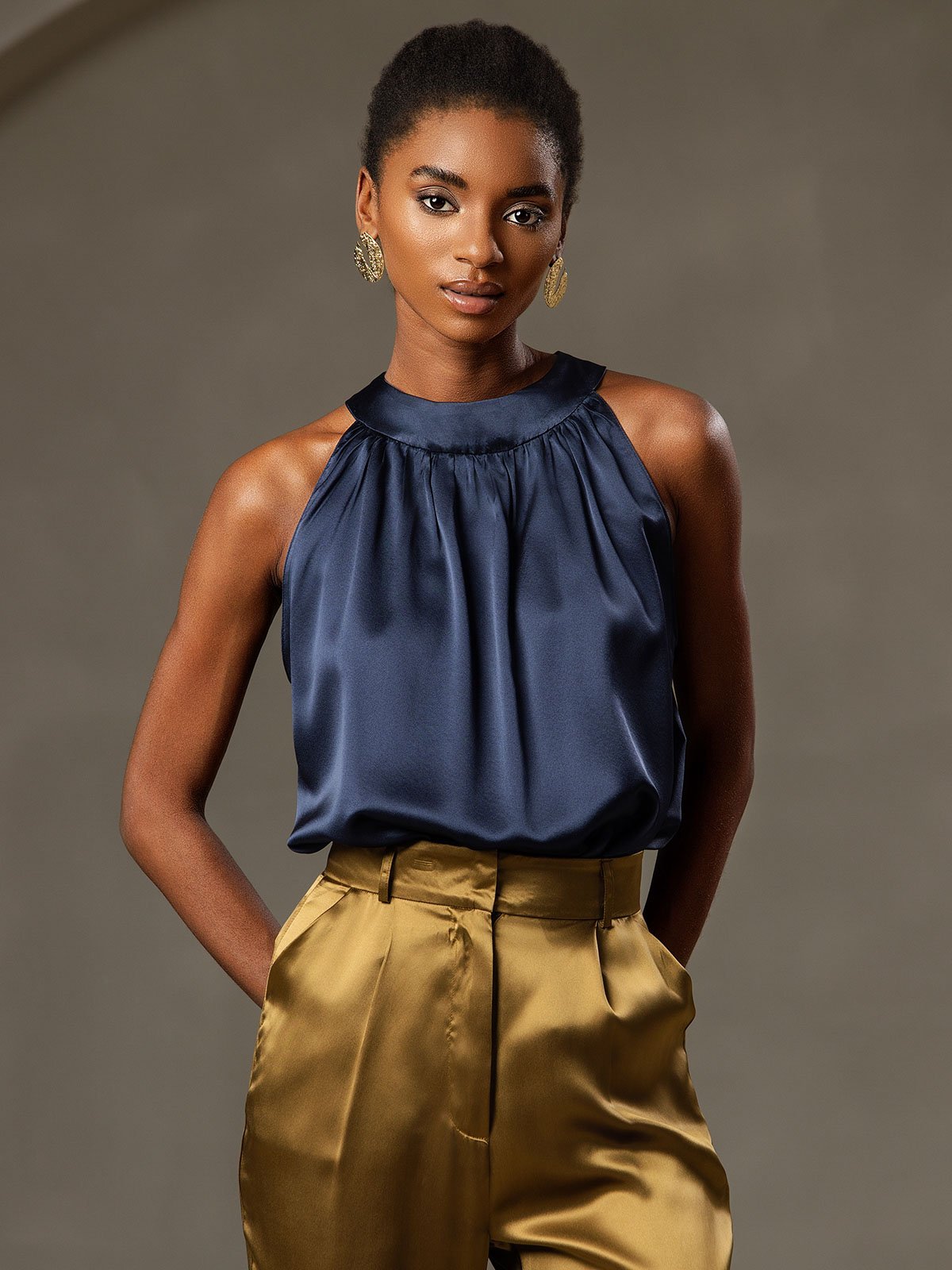 [أزرق غامق] SilkSilky-SA 19Momme الحرير Womens T-Shirt 003,