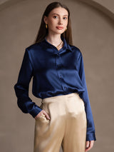 [أزرق غامق] SilkSilky-SA Long Sleeve Lapel Collar بلايز نسائية 005