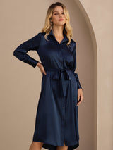 [أزرق غامق] SilkSilky-SA Long Sleeve Lapel Collar فساتين نسائية 001