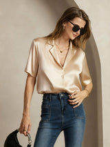 [شامبانيا] SilkSilky-SA Short Sleeve Notch Collar بلايز نسائية 001