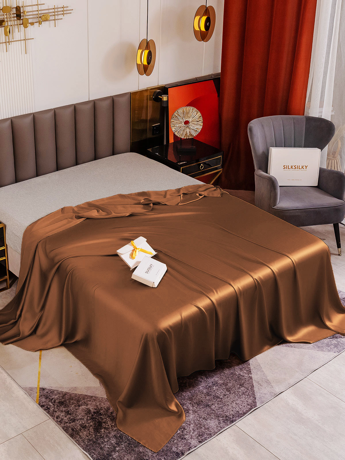 [قهوة] SilkSilky-SA 19Momme غطاء السرير 001