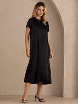 [أسود] SilkSilky-SA Short Sleeve Round Neck فساتين نسائية 005