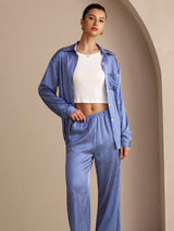 [مقلم دقيق أزرق] SilkSilky-SA Long Sleeve Lapel Collar Women's Outfit Sets 003