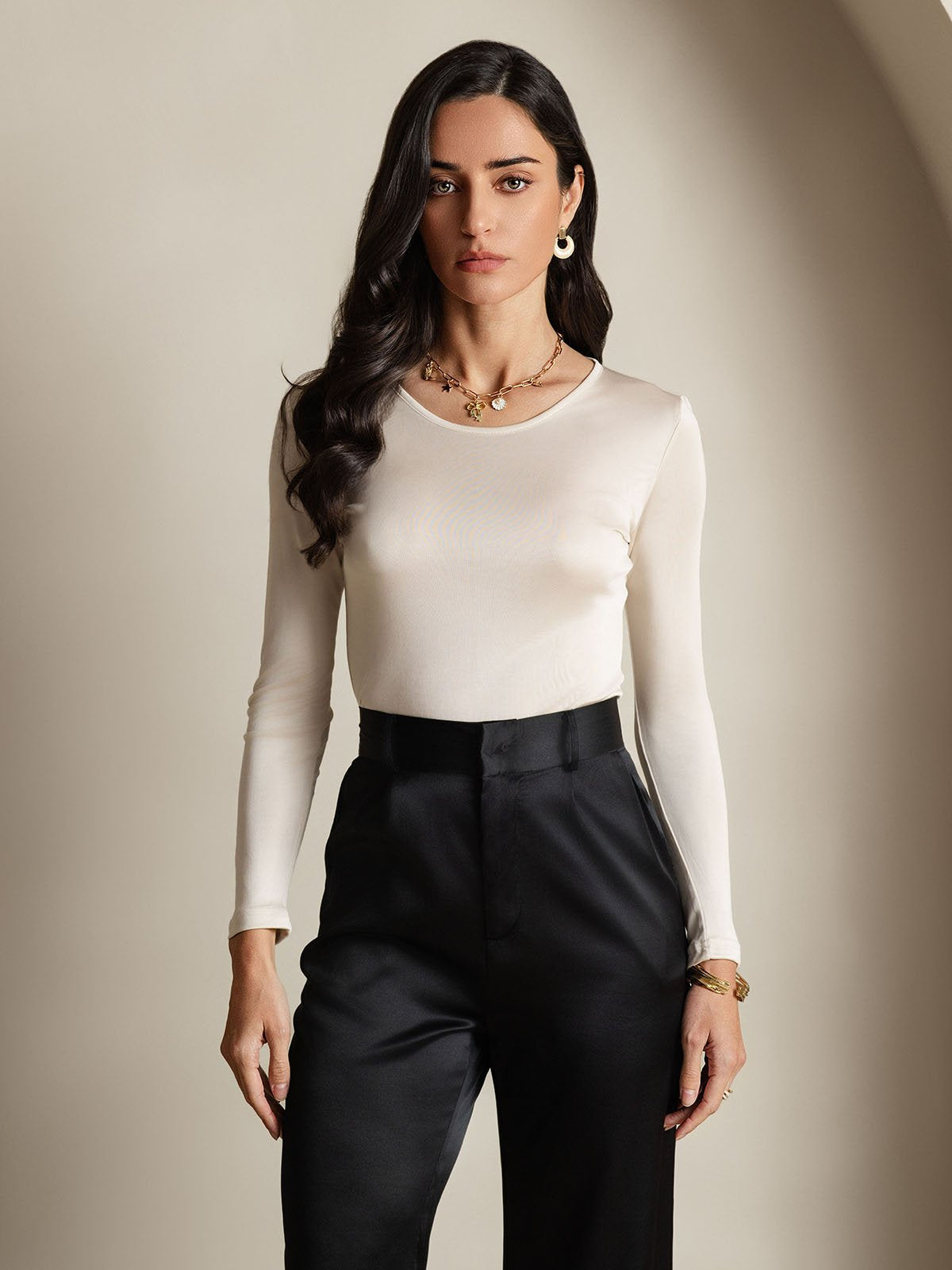 [اللون البيج] SilkSilky-SA الحرير رقبة مستديرة تي شيرت نسائية 001,