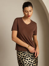 [قهوة] SilkSilky-SA Short Sleeve V Neck تي شيرت نسائية 006