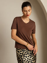 [قهوة] SilkSilky-SA Short Sleeve V Neck تي شيرت نسائية 006