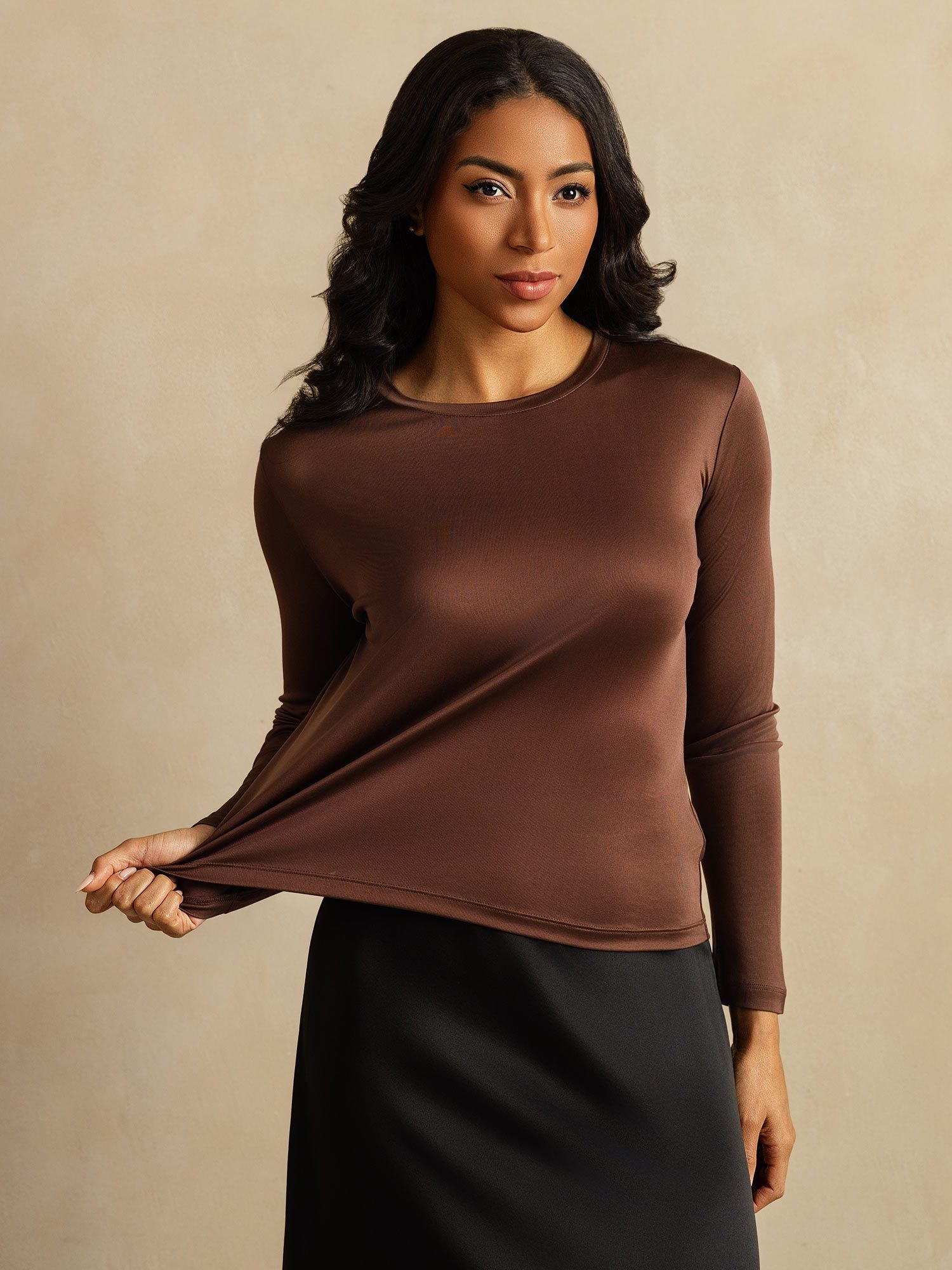 [قهوة] SilkSilky-SA الحرير الخالص Womens T-Shirt 007